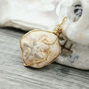 Fossil Pendant, Gold Wire Wrapped Stone Pendant, 1.5"
